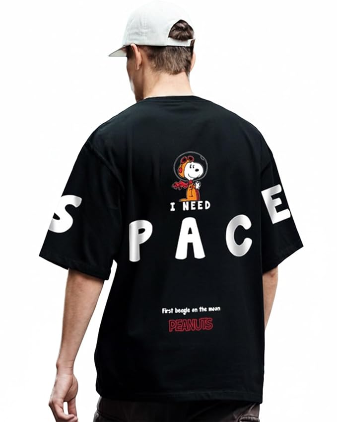 Bewakoof X Peanuts Snoopy Men's Cotton Graphic Print Oversized Fit Half Sleeve Round Neck T-Shirt | Casual Wear | Street Wear | Oversized t Shirt for Men Cotton | Baggy