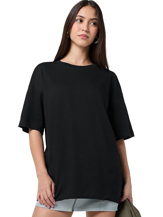Bewakoof Women's Solid Oversized Fit Half Sleeve Round Neck Cotton Jersey T-Shirt