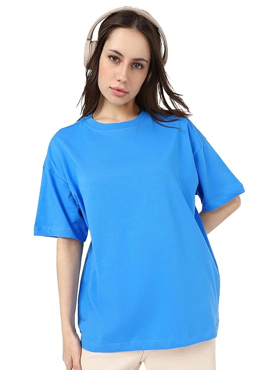 Bewakoof Women's Solid Oversized Fit Half Sleeve Round Neck Cotton Jersey T-Shirt