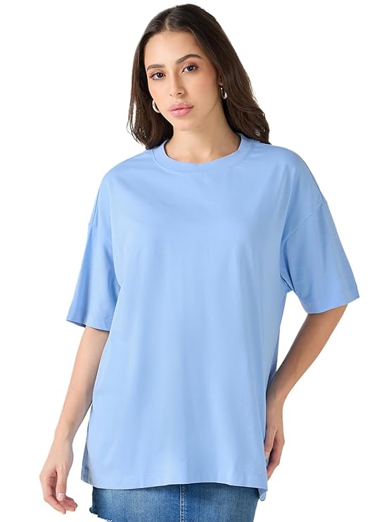 Bewakoof Women's Solid Oversized Fit Half Sleeve Round Neck Cotton Jersey T-Shirt