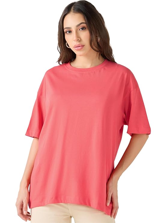 Bewakoof Women's Solid Oversized Fit Half Sleeve Round Neck Cotton Jersey T-Shirt