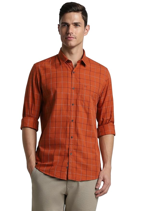 Peter England Men 100% Cotton Slim Fit Checkered Casual Everyday Full Sleeve Shirt |