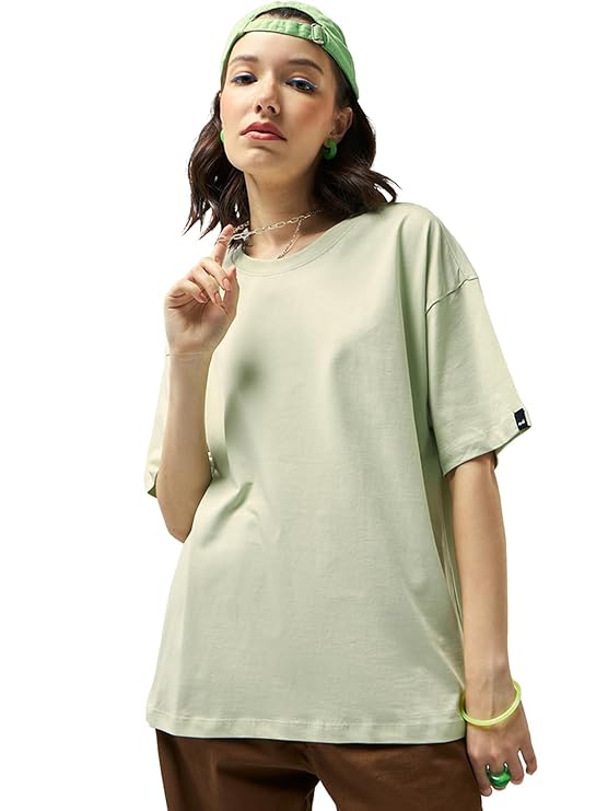 Bewakoof Women's Solid Oversized Fit Half Sleeve Round Neck Cotton Jersey T-Shirt
