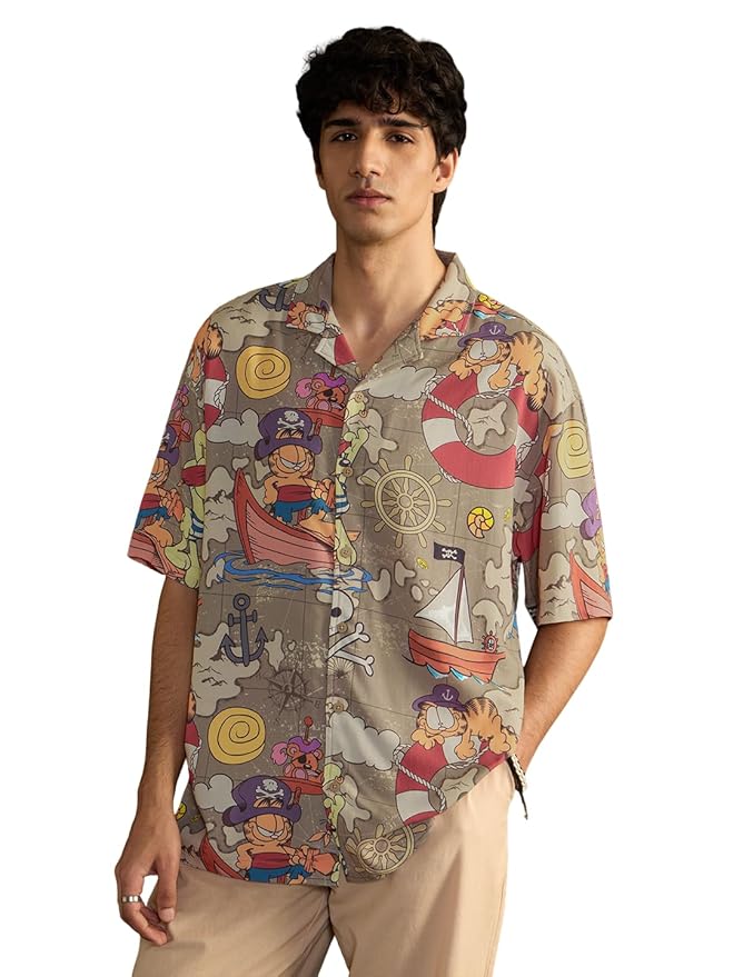 The Souled Store Garfield: Pirate's Cove Men and Boys Short Sleeve Spread Collar Button Front Beige All Over Printed Rayon Oversized Shirts