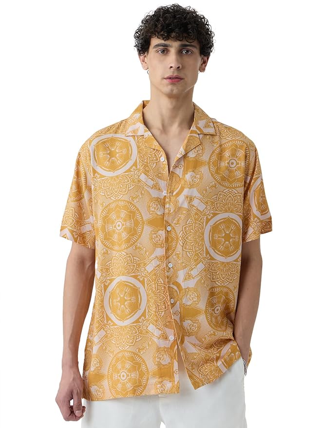 The Souled Store Minions: Kaleidoscope Men and Boys Short Sleeves Collared Neck Button Front Rayon Yellow All Over Printed Rayon Regular Fit Holiday Shirts