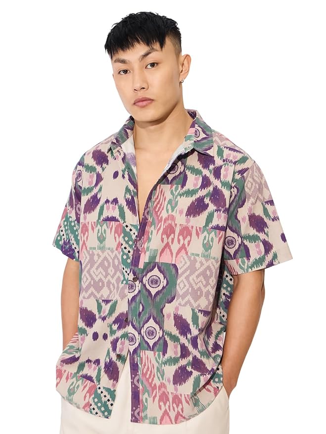 The Souled Store Ikat Soul Men and Boys Short Sleeves Collared Neck Button Front Multicolor All Over Printed Cotton Linen Holiday Shirts