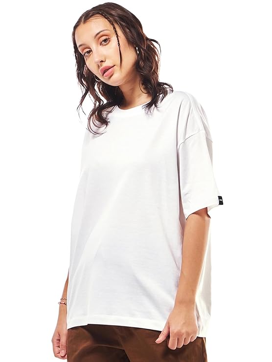 Bewakoof Women's Solid Oversized Fit Half Sleeve Round Neck Cotton Jersey T-Shirt