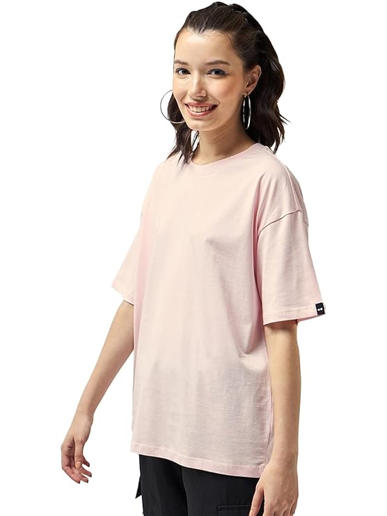 Bewakoof Women's Solid Oversized Fit Half Sleeve Round Neck Cotton Jersey T-Shirt