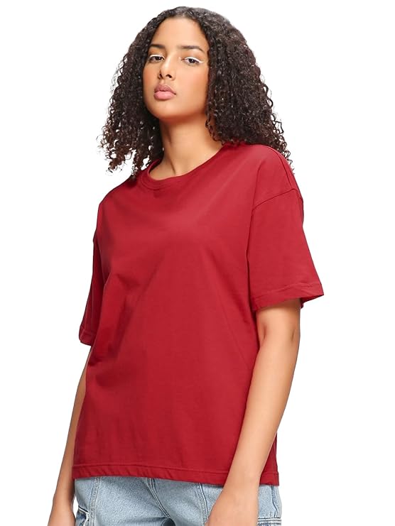Bewakoof Women's Solid Oversized Fit Half Sleeve Round Neck Cotton Jersey T-Shirt