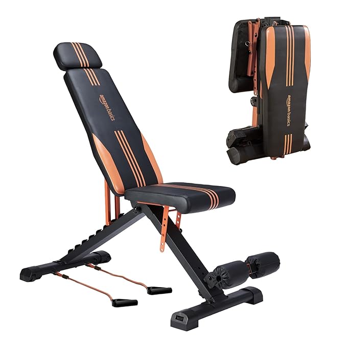 Amazon Basics 17-Level Adjustable & Foldable Multi-Purpose Fitness Bench | with Resistance Ropes & Leg Support | for Home & Gym Workout | 350kg Load Capacity | Alloy Steel Frame | Black & Orange