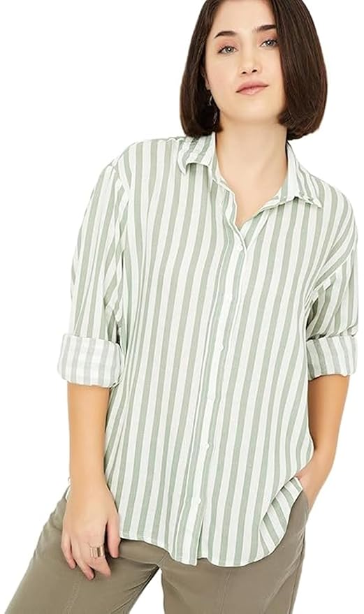 ADBUCKS Women's Cotton Oversized Comfort Striped Spread Collar Long Sleeves Casual Shirt
