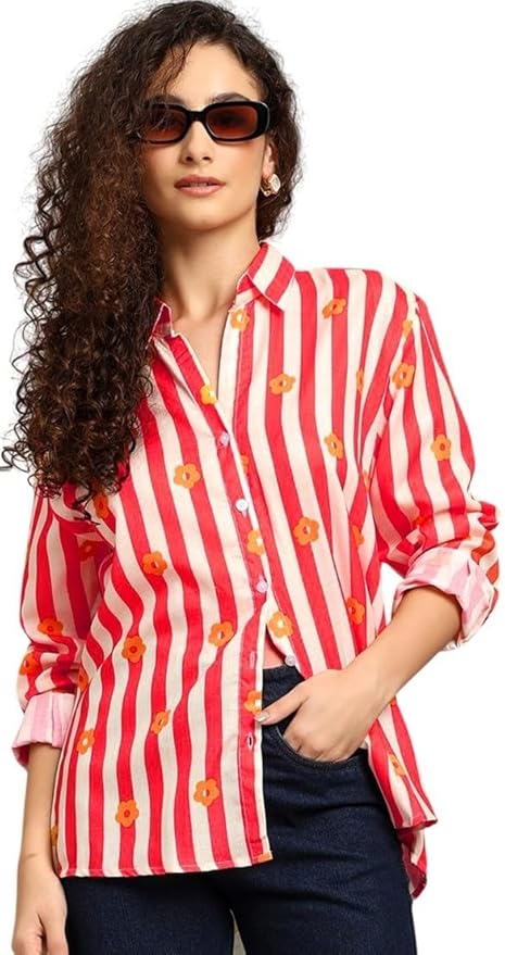 ADBUCKS Women Linen Button Down Shirts Dressy Floral Printed Long Sleeve Blouse Business Casual Work Tops II Shirts II Oversized Shirt