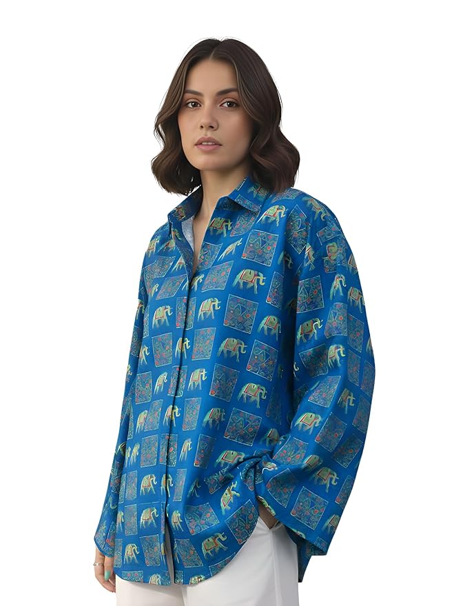 Leriya Fashion Shirts for Women | Oversized Shirt for Women – Printed Rayon Western Shirt for Woman, Loose Fit Long Shirts Top for Woman Casual Wear, Full Sleeve