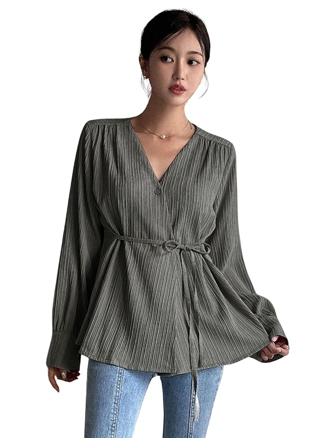 Leriya Fashion Women's V-Neck Pleated Tunic Top - Long Sleeve Drawstring Waist Summer Blouse, Lightweight Casual Shirt for Office, Travel, Daily