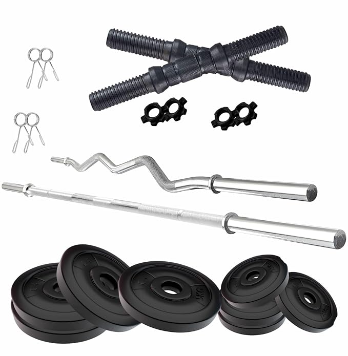 Amazon Brand - Symactive 30 KG PVC Home Gym Set with One 4 ft Plain + One 3 ft Curl Rod and One Pair Dumbbell Rods Multicolor