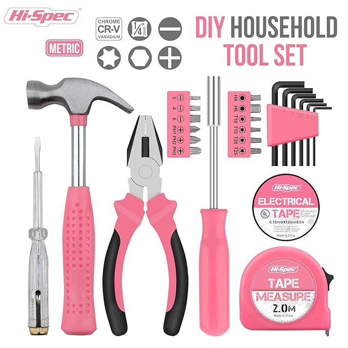 Novo Household Pink DIY Tool Kit - 24 Pcs | Mini Hand Powered Tool Kit Box For Home, Office & Small Work | DIY Durable & Sturdy Metal Tools Set | Screwdriver Set | Tools With Non-Slip Handles (24)