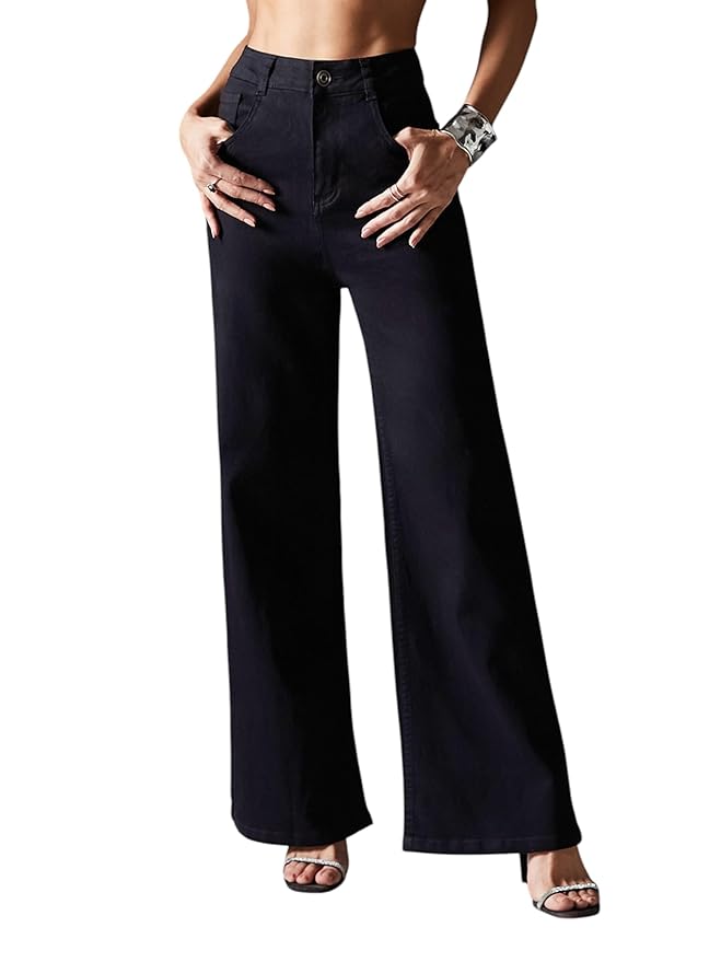 Miss Chase Women's Wide-Leg High-Rise Regular-Length Stretchable Shaping Denim Jeans