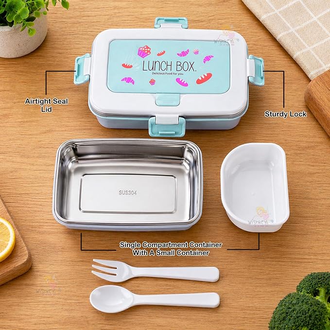 WISHKEY BPA Free Stainless Steel Medium Sized Lunch Box with a Spoon & a Fork, Soft Color Tiffin Box & Cutlery Accessories for Kids & Adults, 500 ml (Set of 1, Blue)