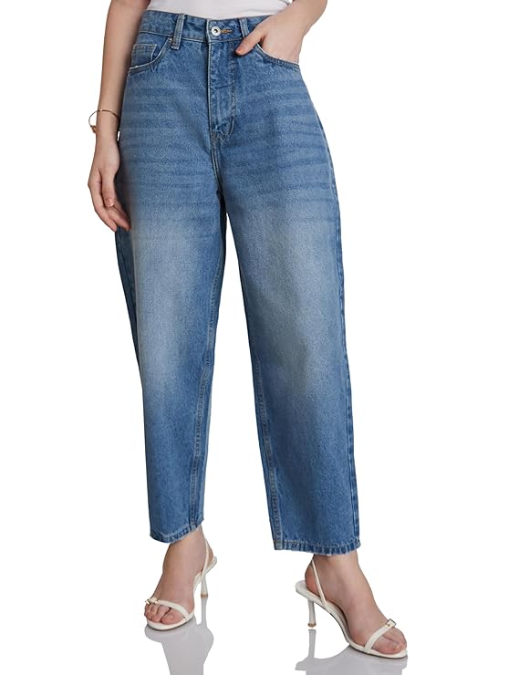 Amazon Brand - Symbol Women's Barrel Fit Jeans (Tapered Balloon Fit | High Rise | Ankle Length) (Available in Plus Sizes)
