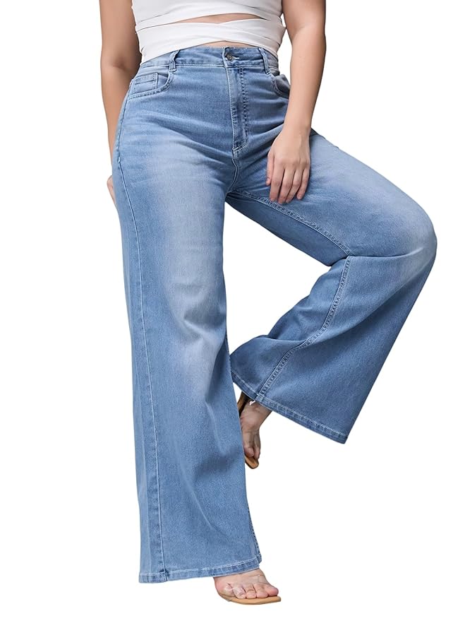 Miss Chase A+ Women's Wide-Leg High-Rise Regular-Length Stretchable Cargo Denim Jeans