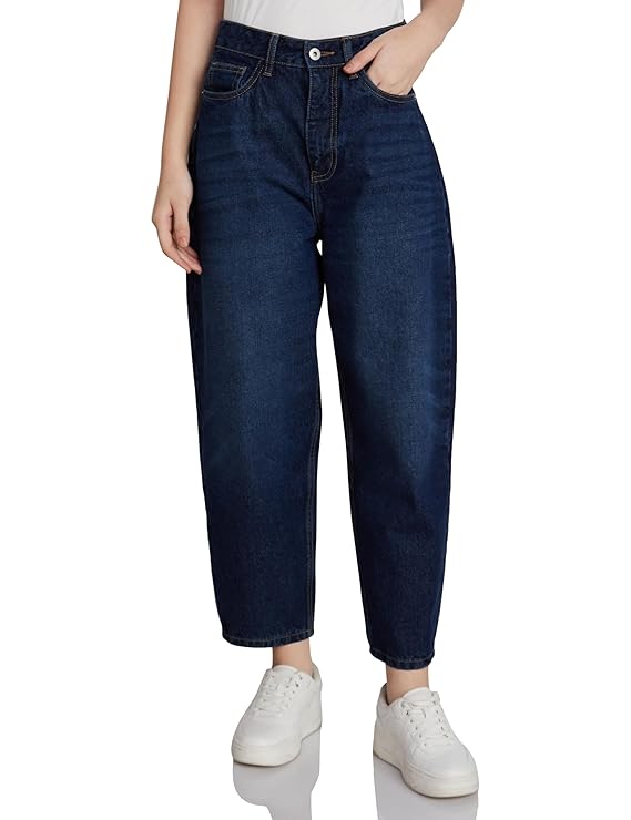 Amazon Brand - Symbol Women's Barrel Fit Jeans (Tapered Balloon Fit | High Rise | Ankle Length) (Available in Plus Sizes)