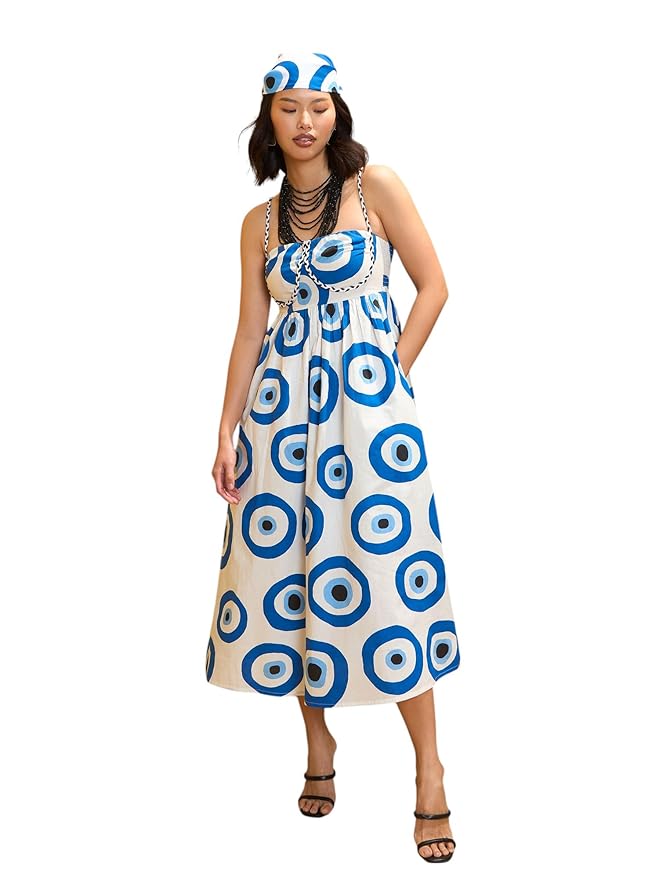 Pink Paprika by Sassafras Women’s Fit & Flared Evil Eye Print Strappy Midi – Boho Fusion Resort Summer Cotton Casual Wear Dress