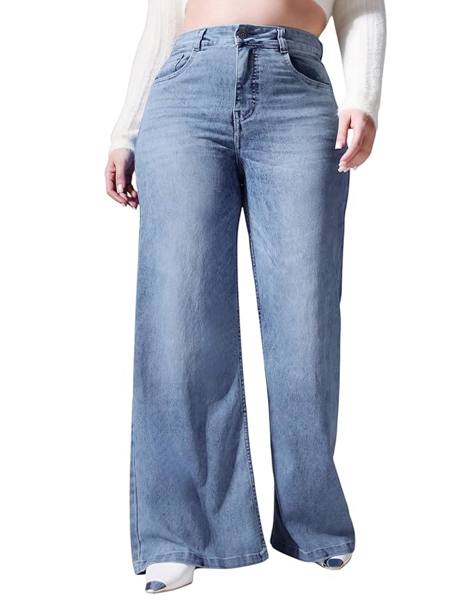 Miss Chase A+ Women's Wide-Leg High-Rise Regular-Length Stretchable Cargo Denim Jeans