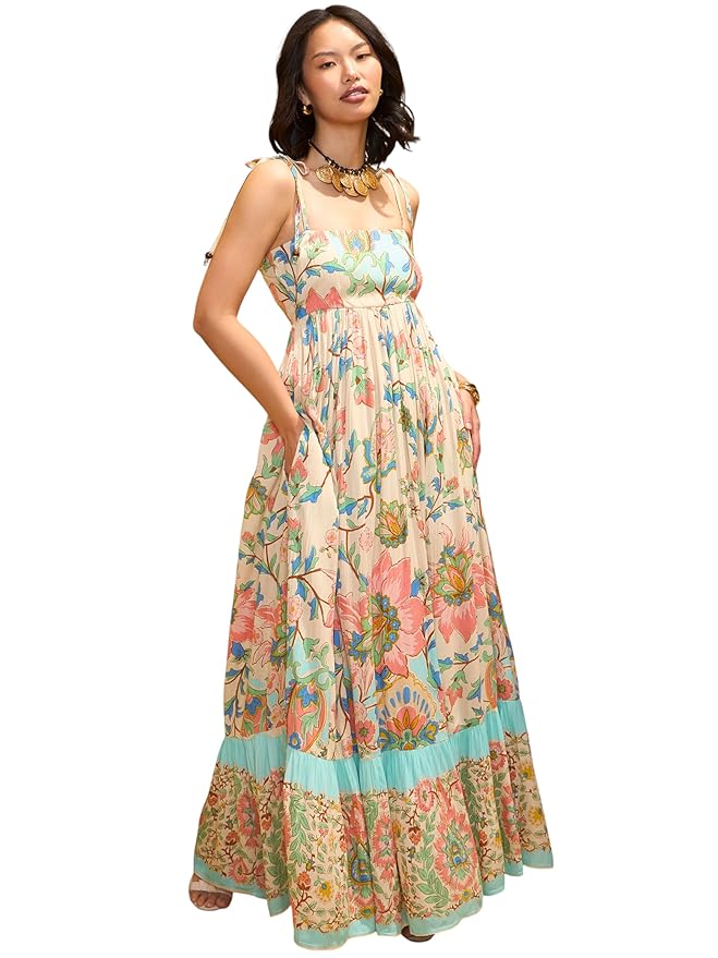 Pink Paprika by Sassafras Women’s Floral Strappy Tie-Up Maxi – Boho Fusion Resort Summer Cotton Casual Wear Dress