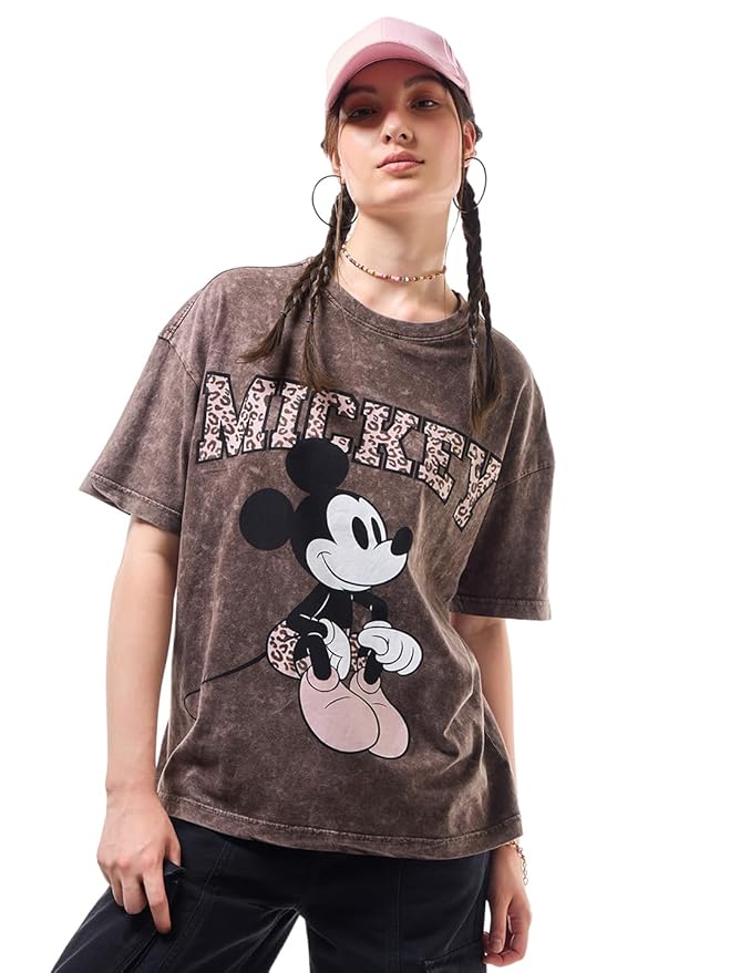 Bewakoof X Disney Mickey Women's 100% Cotton Graphic Print Oversized Fit Half Sleeve Round Neck T-Shirt | Casual wear | Streetwear | Oversized Tshirt for Woman Cotton| Baggy
