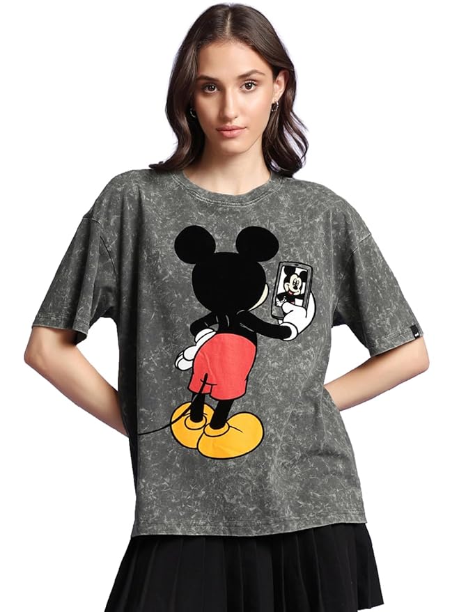 Bewakoof X Disney Mickey Women's 100% Cotton Graphic Print Oversized Fit Half Sleeve Round Neck T-Shirt | Casual wear | Streetwear | Oversized Tshirt for Woman Cotton| Baggy