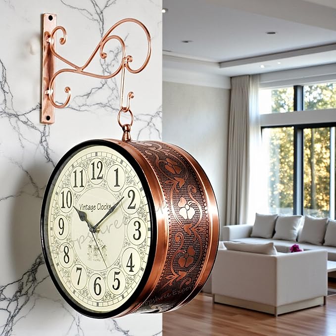 Vintage Clock Iron Handcrafted Double Side Analog Clock With English Numbers 1 Year Warranty (6 Inches Size, Rose Gold Finish, Floral Design, Vc-65471)