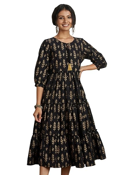 Amazon Brand - Myx Women's Cotton Printed Calf Length Tiered Dress