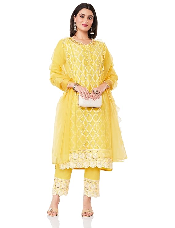 Amazon Brand - Myx Women Embroidered Cotton Kurta Pant Set with Organza Dupatta (Available in Plus Sizes)