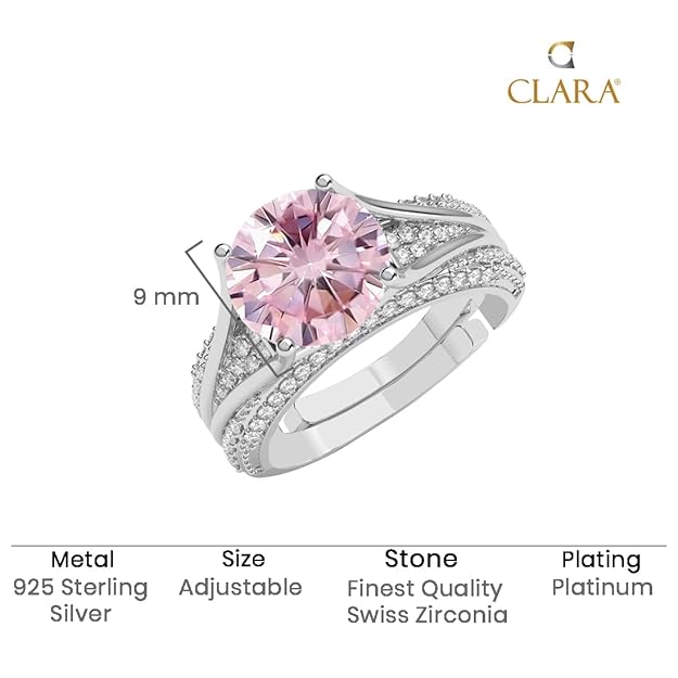 Clara 925 Sterling Silver Jino Pink Solitaire Pendant Earrings Chain Ring Jewellery Set | Platinum Plated, Swiss Zirconia |Gift for Women and Girls