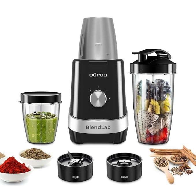 CÜRAA BlendLab by Chef Sanjyot Keer | 400W Bullet Blender Mixer Grinder for Kitchen | Stainless Steel Jar | Dry & Wet Grinding | Speed Control| Smoothies, Masala, Chutney | 2 Year Warranty (Black)