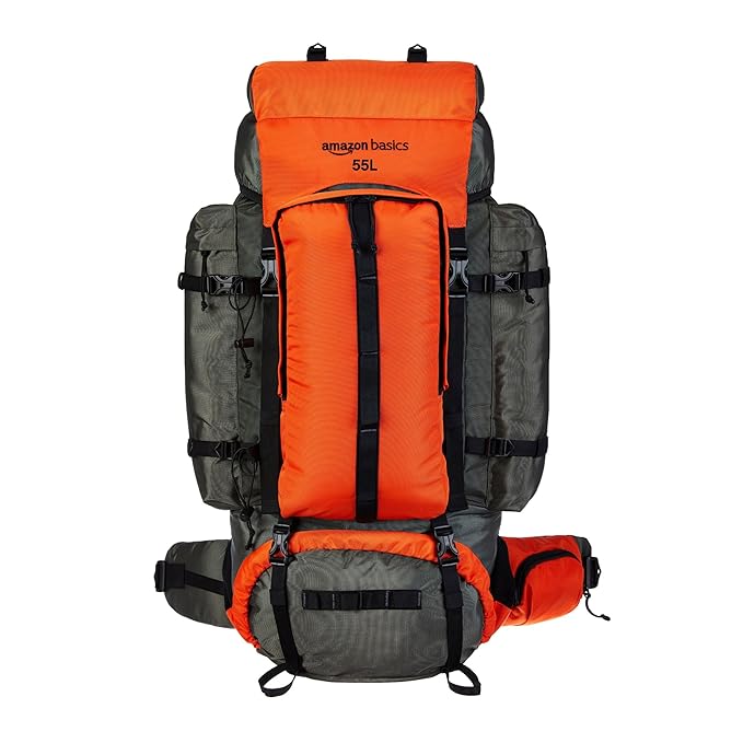 Amazon Basics 55 Liters Hiking Bag with Rain Cover | Trekking, Travel Bag for Men & Women | with Laptop Sleeve & Shoe Compartment | Unisex Camping Rucksack | Internal Frame Hardback | Orange
