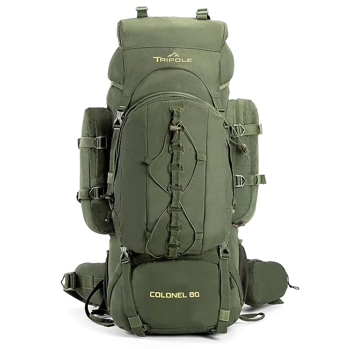 Tripole Colonel Metal Frame 80L Rucksack with Detachable Bag & Rain Cover for Trekking & Travelling | Men & Women | 3 Year Warranty (Army Green, 80)