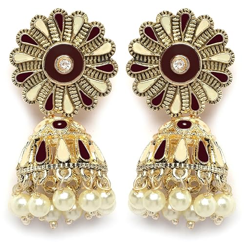 Karatcart Silver Tone Diamond Shape Pink and Blue Carved Stone Studded Drop Earrings for Women
