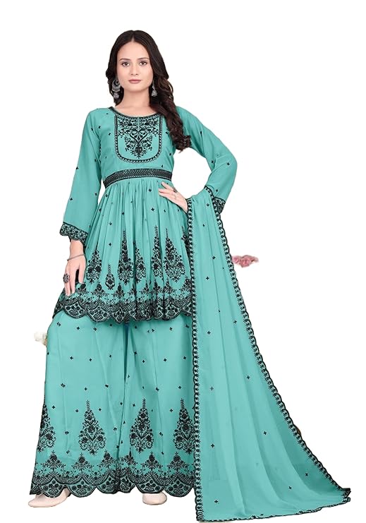KCCPL Women Top plazzo & Dupatta suit set - Heavy Embroideried Squence work - Designer suit Round Neck, Fox Georgette