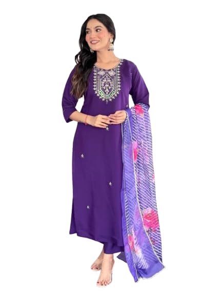 Women's Embroidered Straight Kurta Set with Dupatta (Blue)