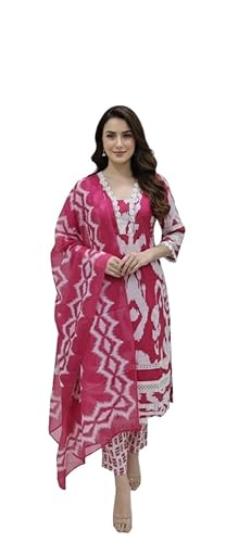 Elegant Pink and White Embroidered Cotton Kurta Set with Printed Dupatta, Traditional Indian Ethnic Wear, 3 Piece Dress