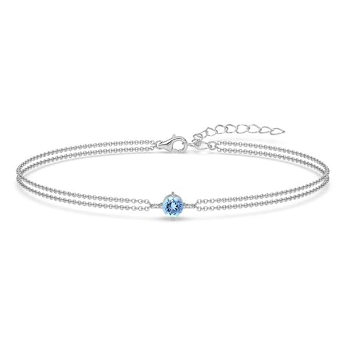 Clara 925 Sterling Silver Sky Blue Solitaire Double Chain Bracelet | Adjustable, Platinum Plated, Swiss Zirconia | Gift for Women and Girls