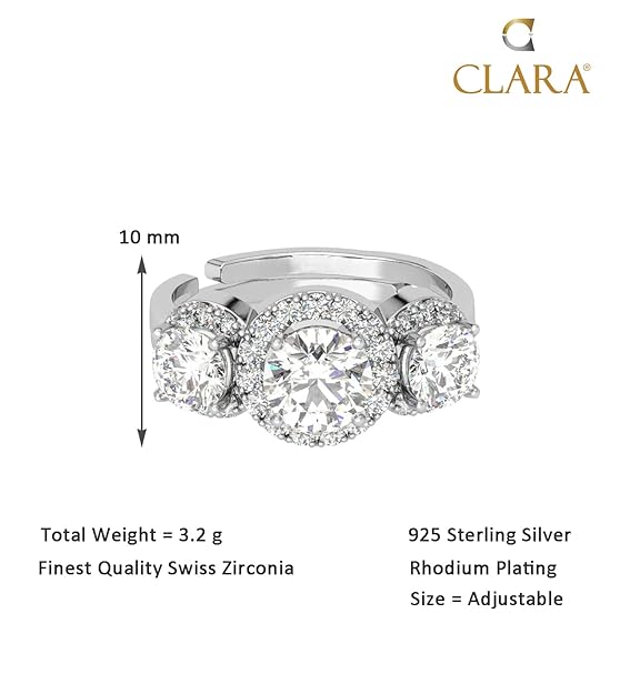 Clara Pure 925 Sterling Silver Solitaire Finger Ring with Adjustable Band | Gift for Women Girls Wife Girlfriend | Multiple Design Options
