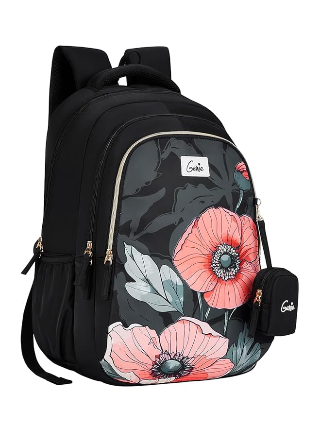 Genie School Backpack for Girls |19 In-36 Ltr with Three Compartments, Side Pockets and Light Weight with Padded Shoulders |Best for Books,Stationery,Lunch Box & Essentials