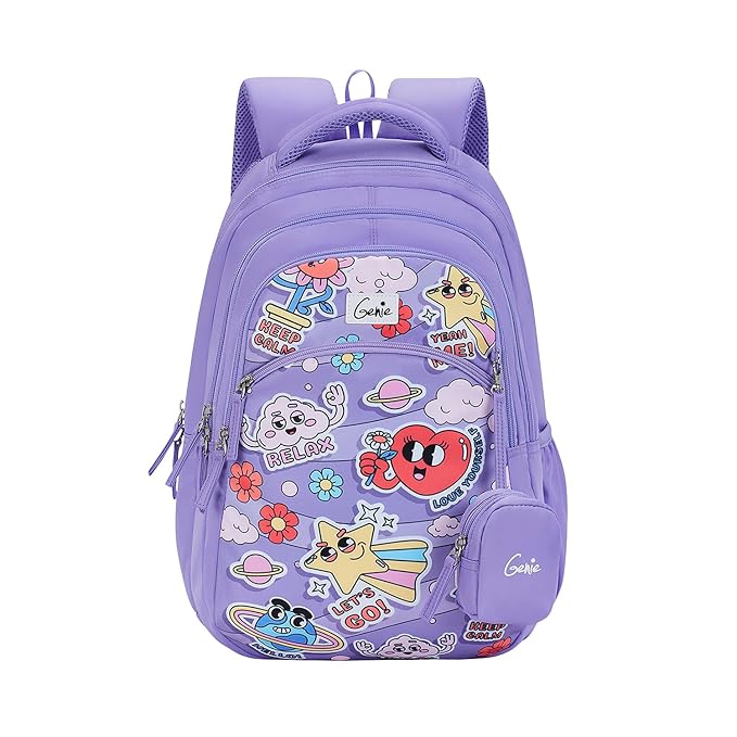 Genie Pearl School Backpack for Girls |17 In-27 Ltr with Three Compartments, Side Pockets and Light Weight with Padded Shoulders |Best for Books,Stationery, Lunch Box & Essentials - Purple