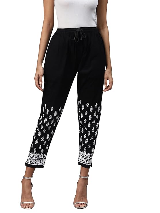 Ada Women's Hand Embroidered Lucknowi Chikankari High Rise Regular Fit Cotton Pant Palazzo Culottes for Women A7111