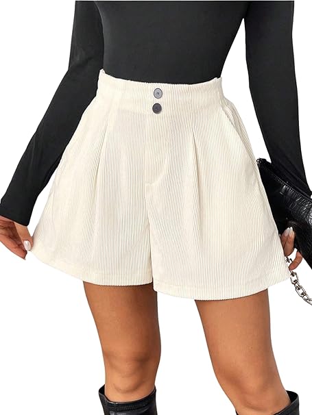 GRECIILOOKS Women's High Waist Tailored Shorts | Ribbed Poly Lycra Blend Summer Shorts with Pockets & Button Closure | Elegant Folded Hem Casual Wear for College, Brunch & Daily Outings