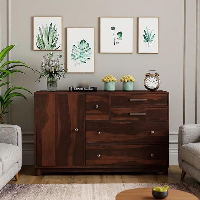 Amazon Brand - Solimo Solid Sheesham Wood Karen Sideboard Cabinet with 4 Drawers & 2 Doors | Multipurpose Wooden Storage Organizer for Living Room, Bedroom, Kitchen, Office & Home (Walnut Finish)