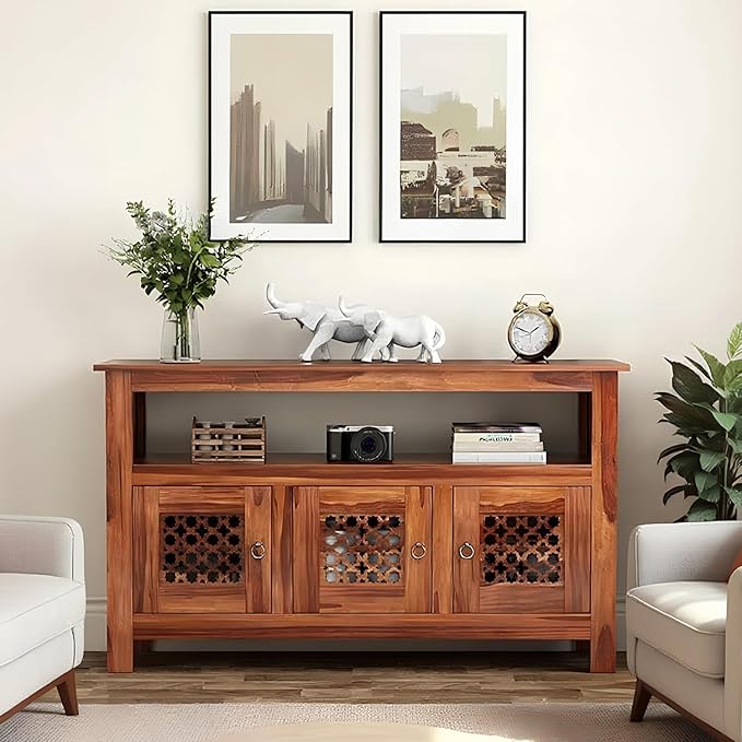 Amazon Brand - Solimo Solid Sheesham Wood Jharokha Sideboard Cabinet with 3 Doors & 1 Open Shelf | Multipurpose Wooden Storage Organizer for Living Room, Bedroom, Kitchen, Office (Honey Finish)