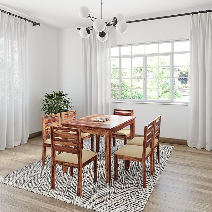 Amazon Brand - Solimo Sheesham Wood Ladzin Six Seater Dining Table with 6 Cushioned Chairs Wooden Dining Set 6 Seater for Dining Room Home Living Room (Natural Finish)